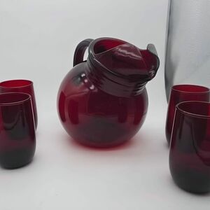 Vintage Anchor Hocking dark ruby juice pitcher with 4 X 4 oz glasses